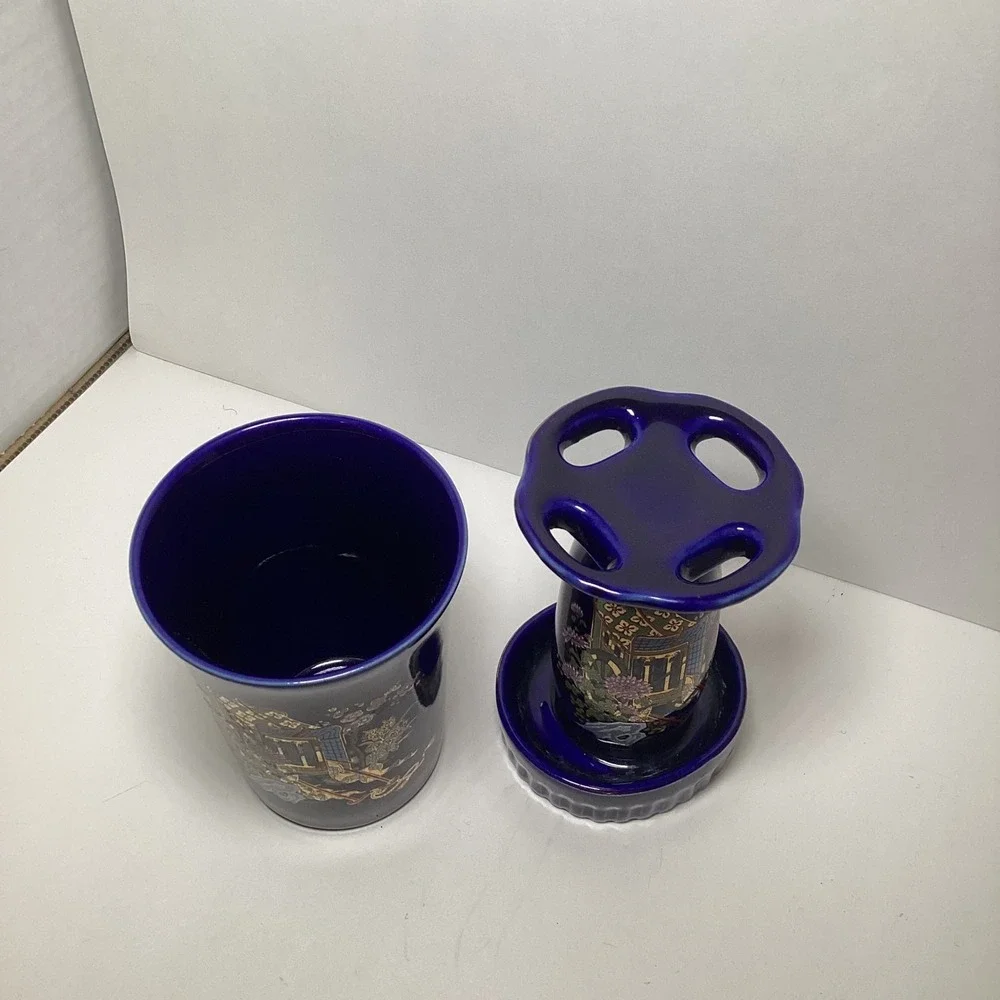 Vintage Cobalt Blue Japanese Porcelain Vanity Set Rickshaw Floral Tumbler Holder